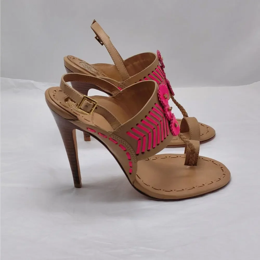 Tory Burch Womens High Heel Sandals Size 7.5 Tan Pink Leather Party Night Out